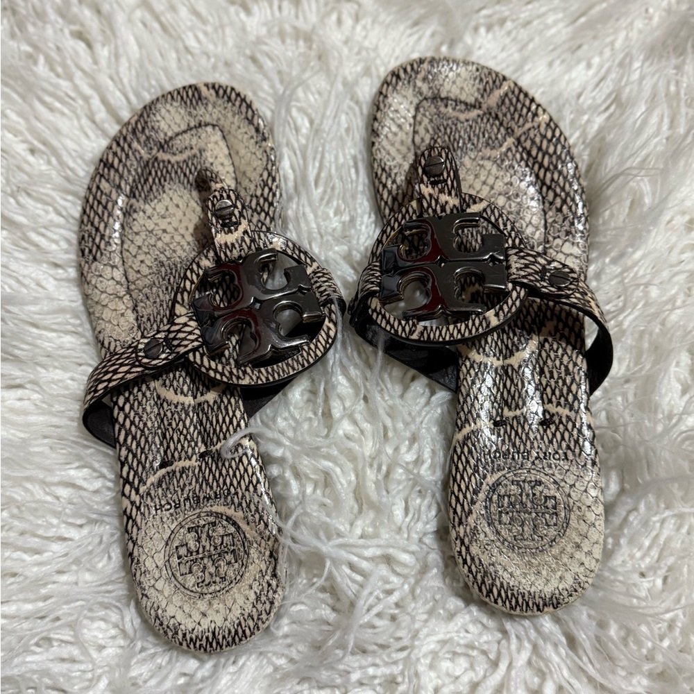 Tory Burch Black and Tan Snake Print Sandals